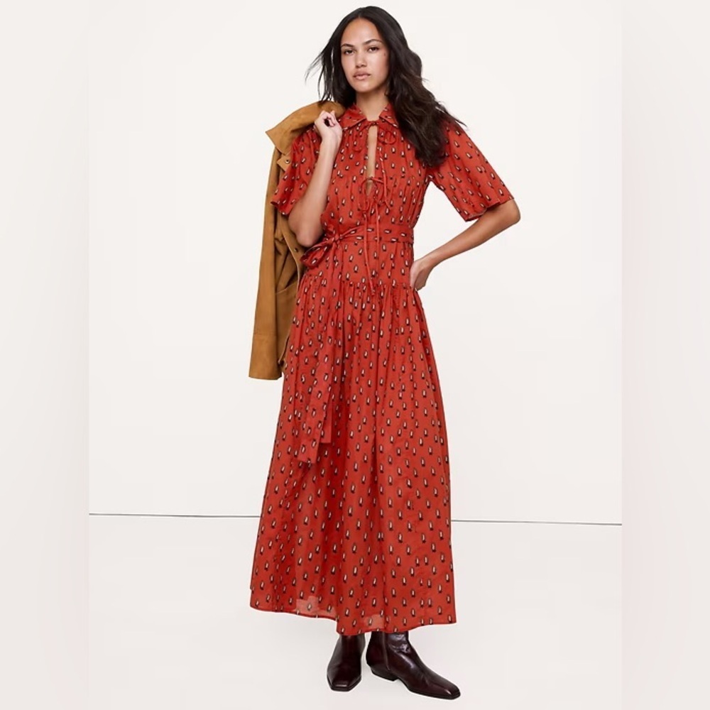NWT! Banana Republic Spiced Cabernet Paisley Cotton Tie-Front Shirt Dress - 🍋